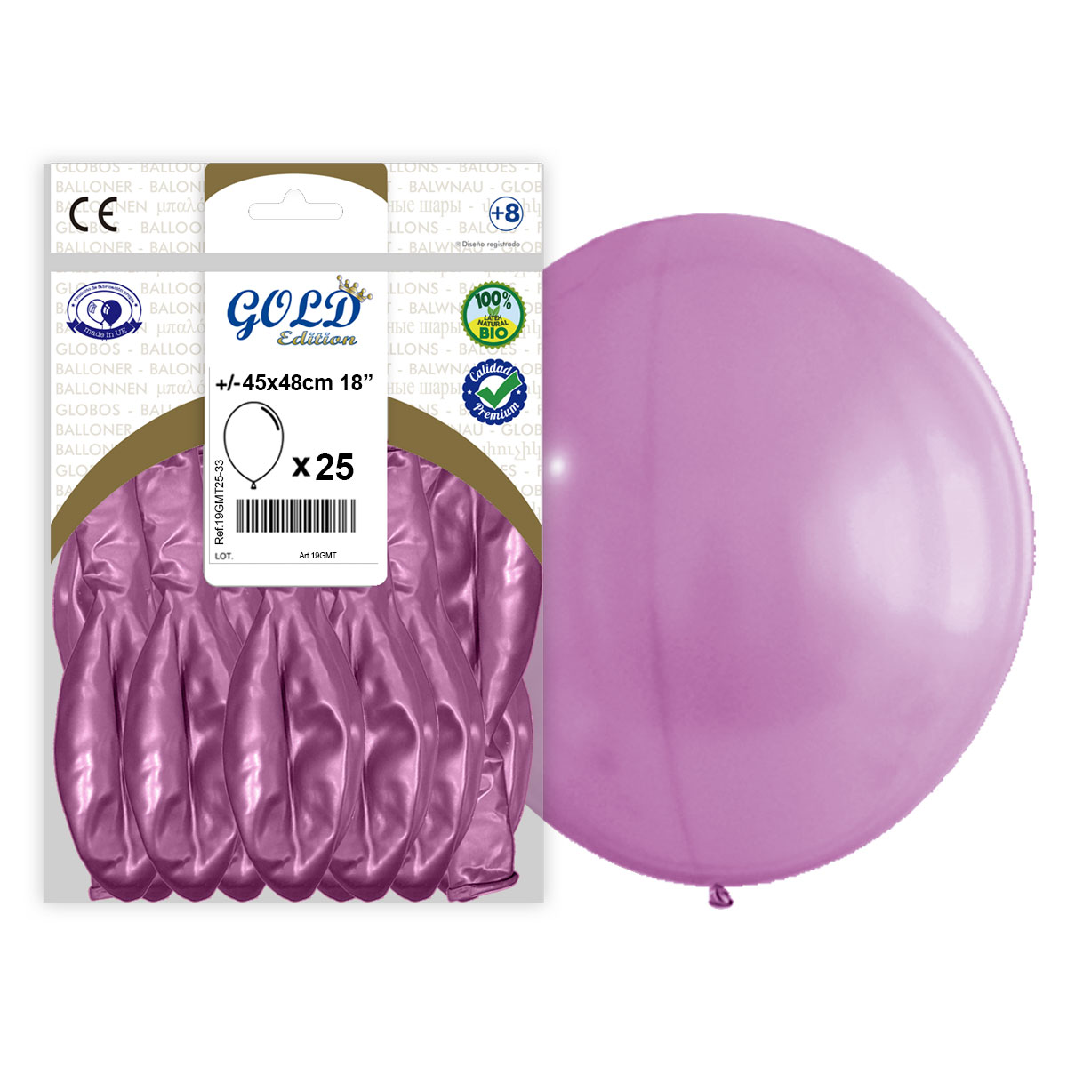 Globo látex metalizado rosa 18" (45x48 cm) Gold Edition – Bolsa 25 unidades