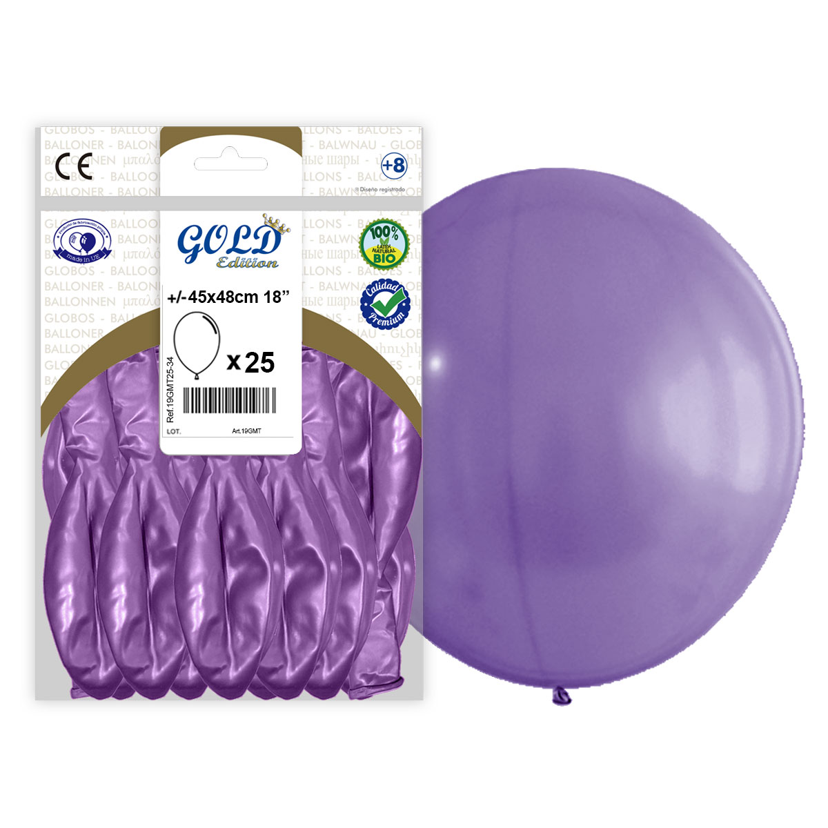 Globo látex metalizado lila 45x48 cm 18" Gold Edition - Bolsa 25 uds.