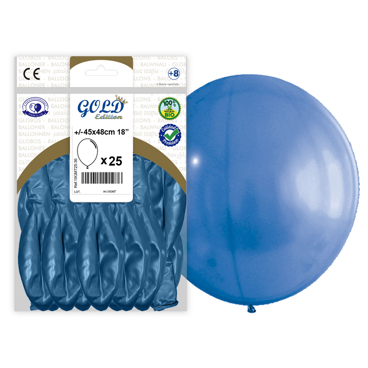 Globo látex 45 cm azul metalizado 18" Gold Edition - Bolsa 25 ud.