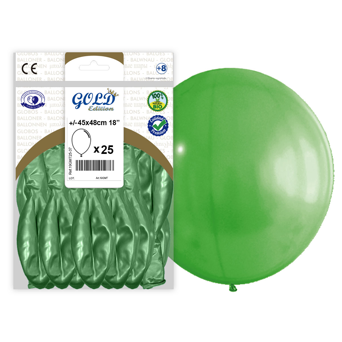 Globo látex metalizado verde 45x48 cm 18" Gold Edition - bolsa 25 unidades