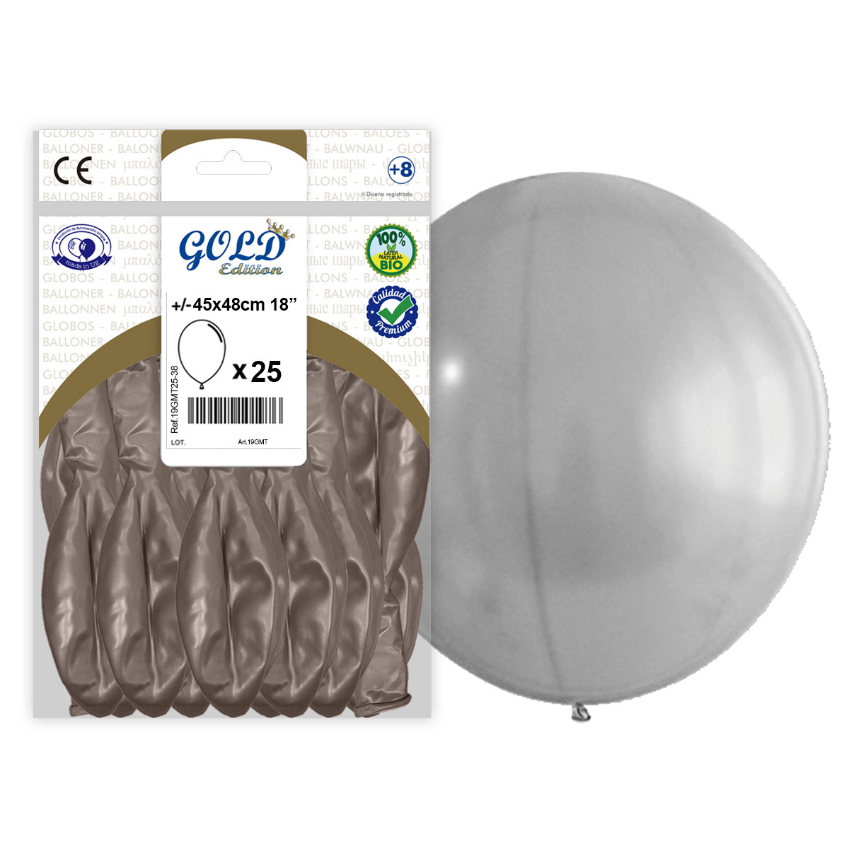 Globos Látex Plata Metalizado 45x48 cm 18" Gold Edition - Bolsón 25 uds.