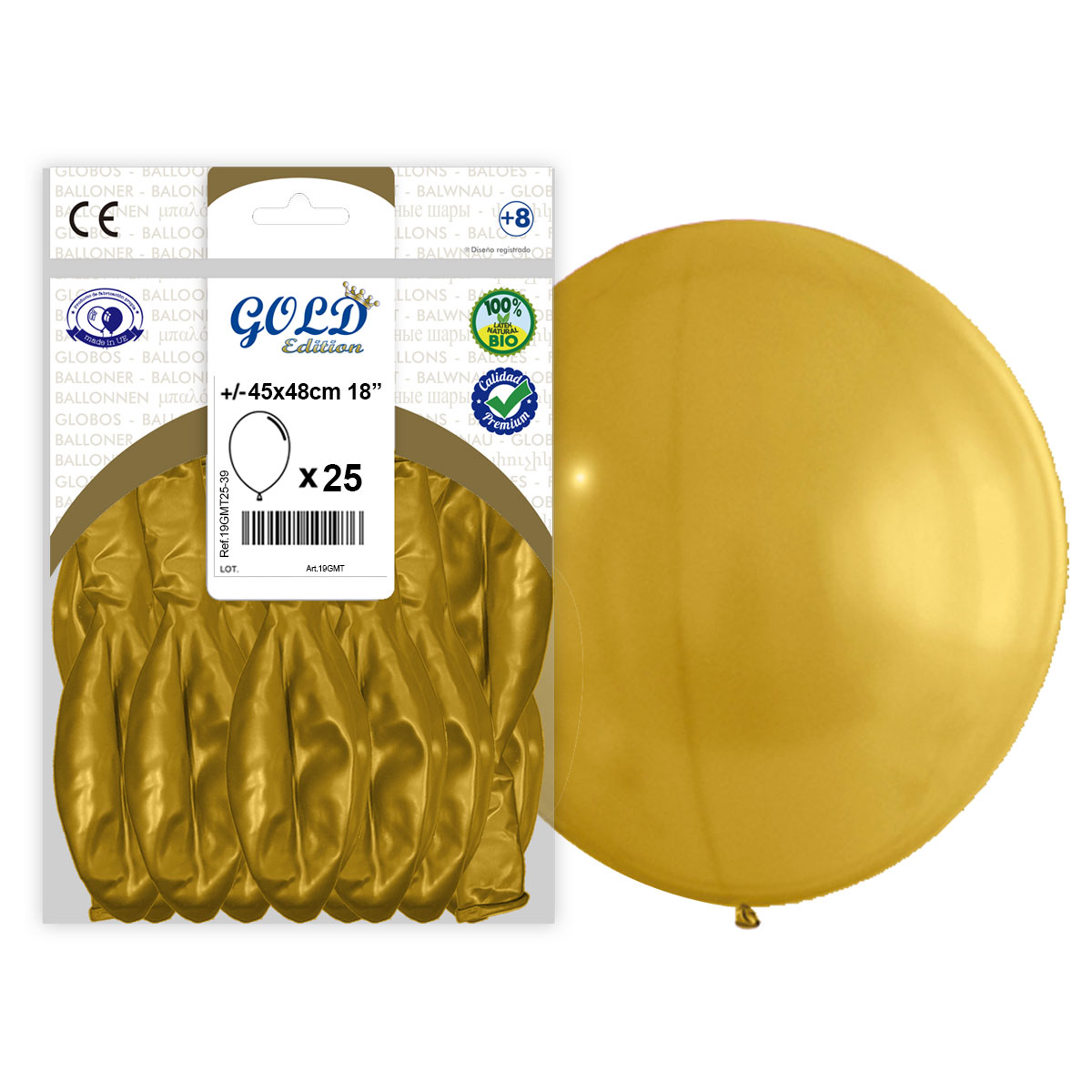 Globo de látex oro metalizado 45x48 cm 18" Gold Edition - bolsón de 25 uds