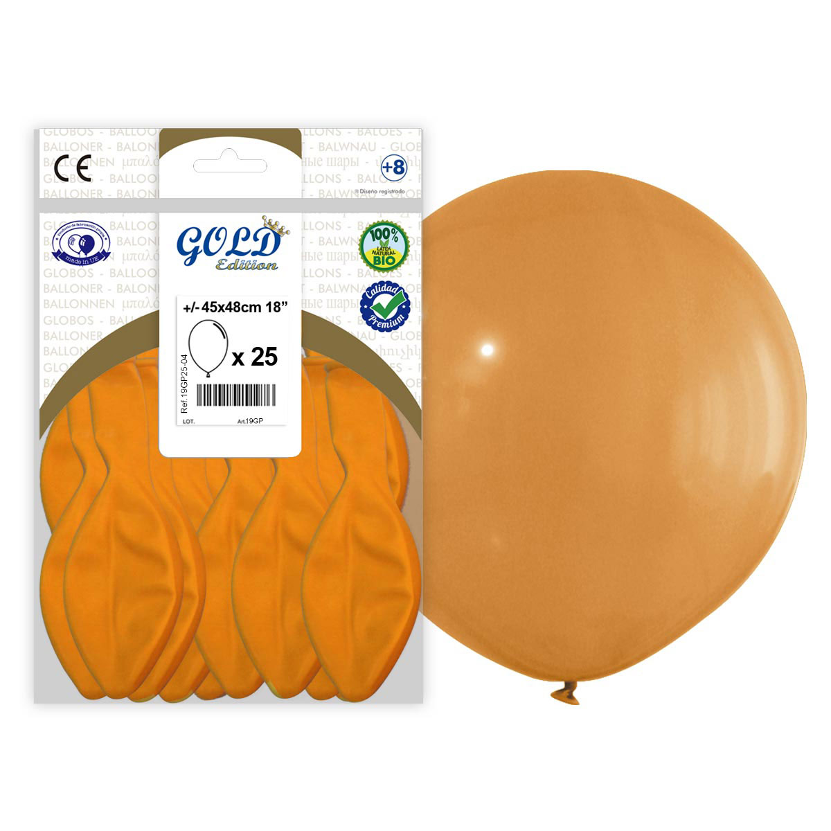 Globo látex 45x48 cm 18" Naranja Gold Edition - Bolsa 25 uds