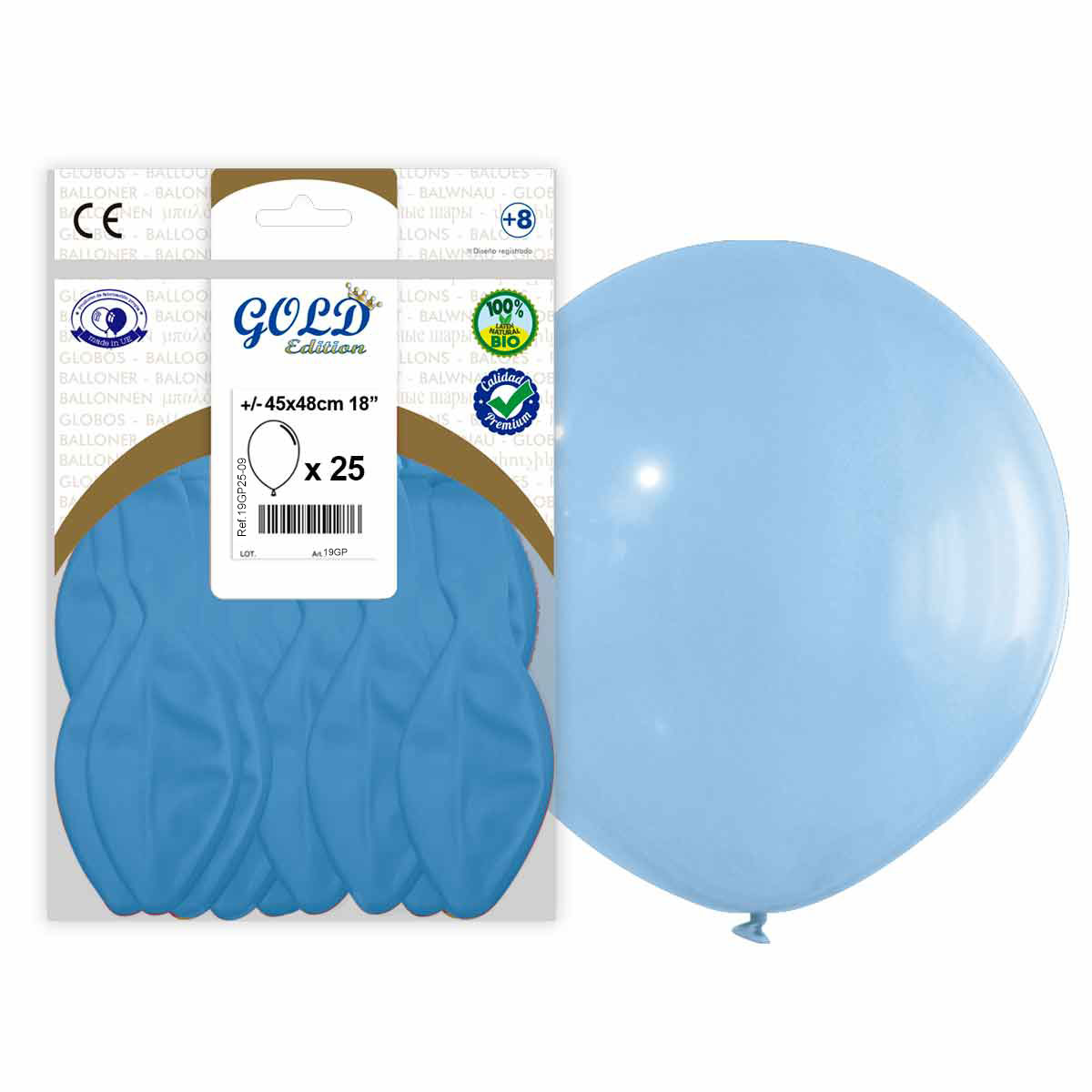Globo látex 45 cm celeste Gold Edition - Bolsa 25 unidades