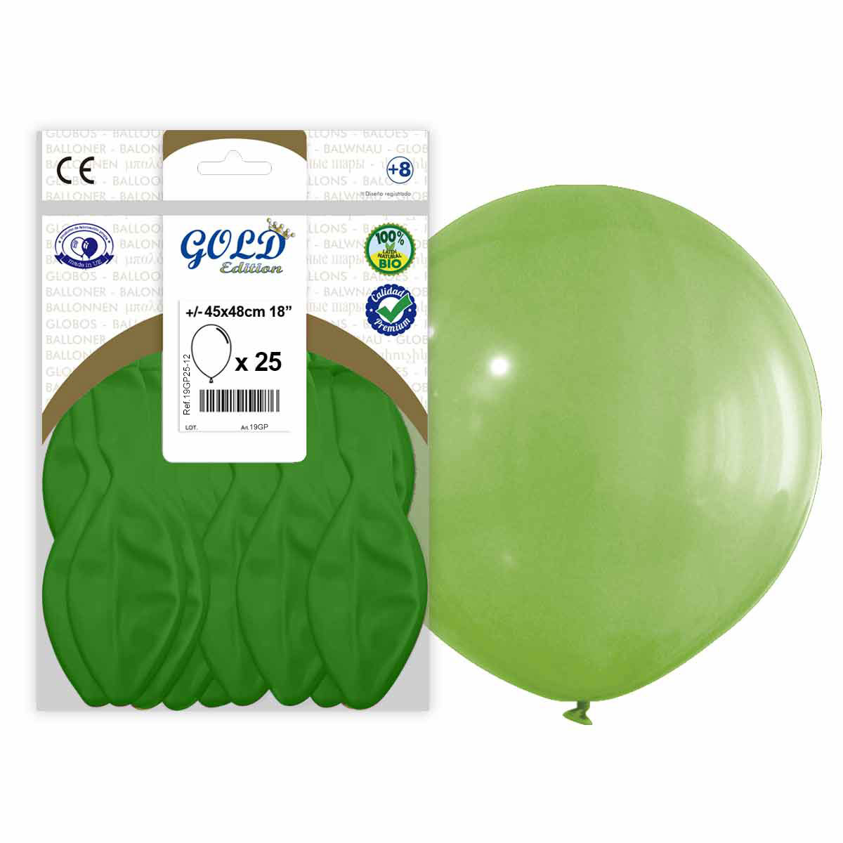 Globo látex redondo verde 45x48 cm 18" Gold Edition, bolsa 25 uds