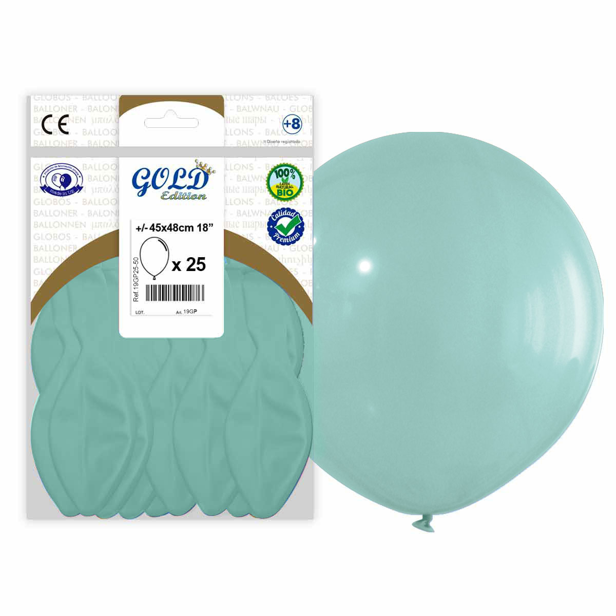 Globo látex 45x48 cm 18" Gold Edition Aguamarina — Bolsa 25 uds.