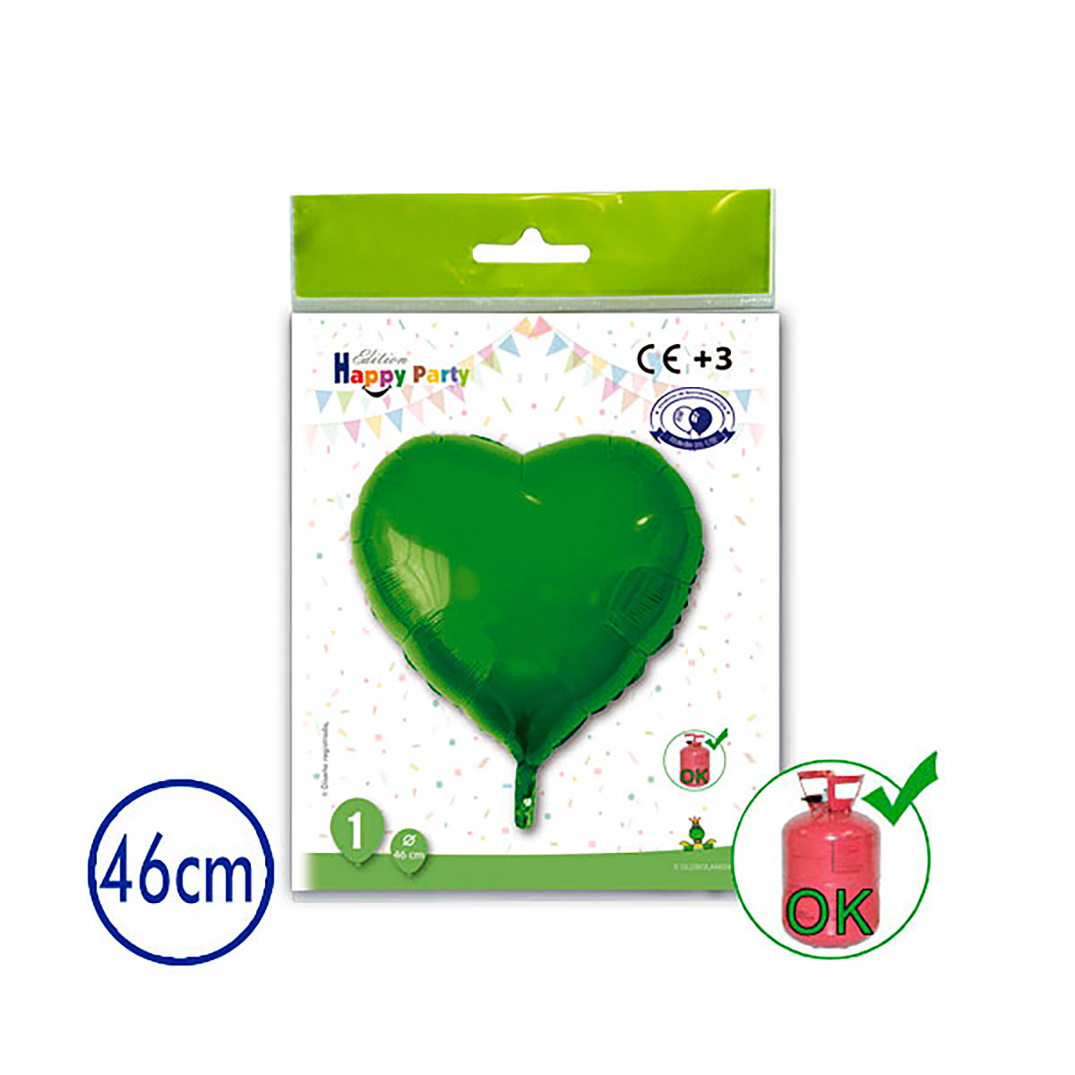 Globo corazón verde 46 cm poliamida (bolsa individual)