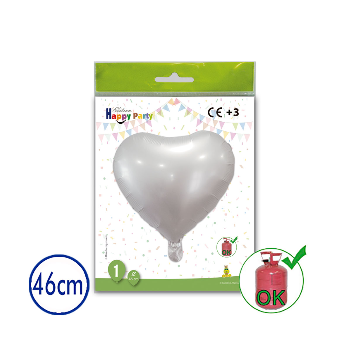 Globo corazón poliamida blanco perla 46 cm