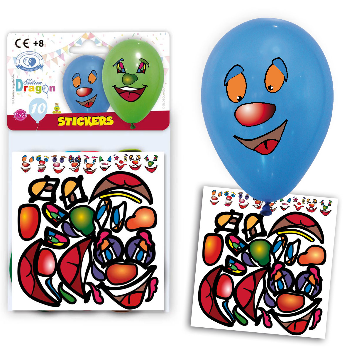 Bolsa de 10 globos pastel surtidos con pegatinas de caras