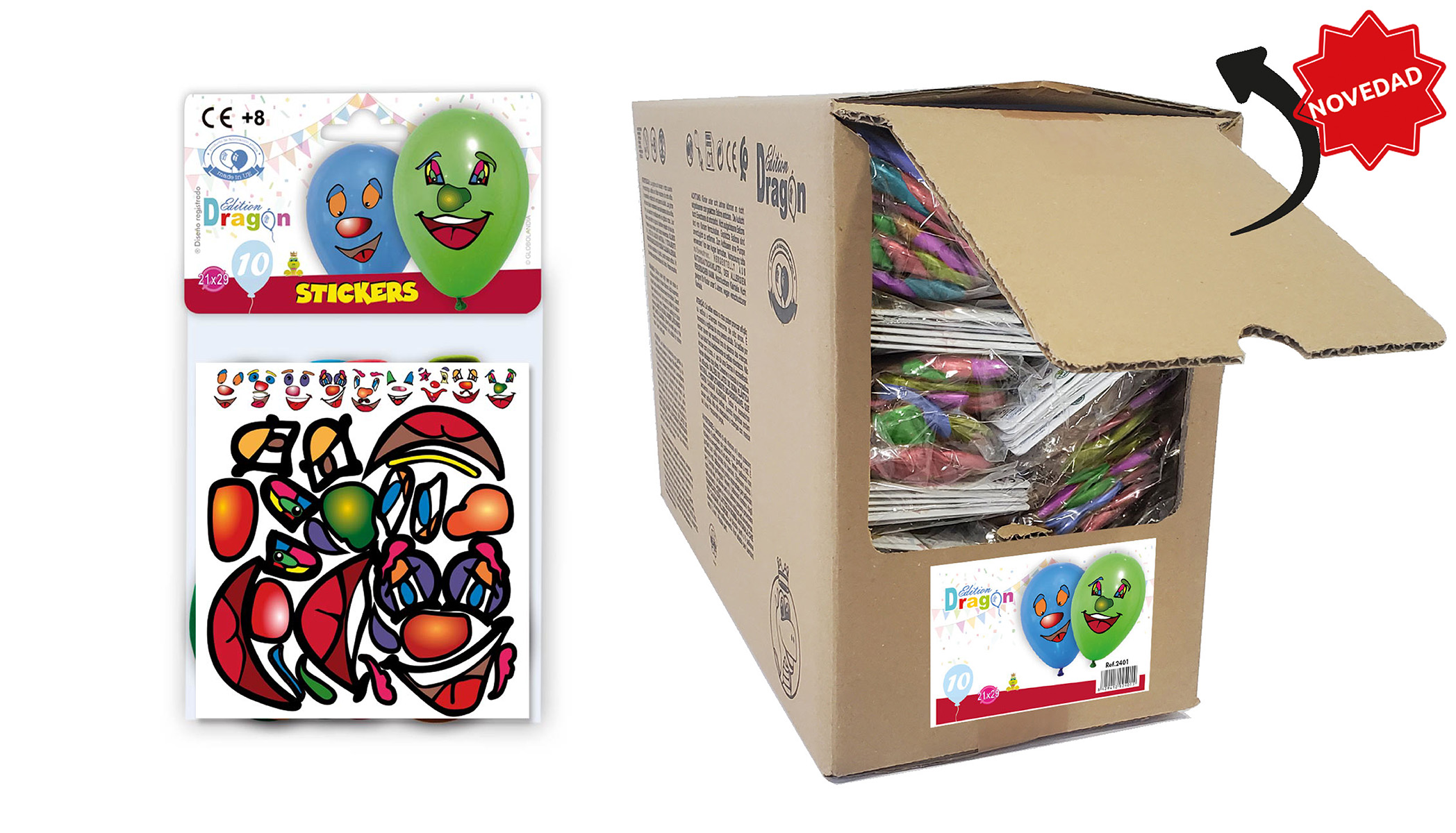 Bolsa de 10 globos lisos surtidos con hoja de pegatinas para caras