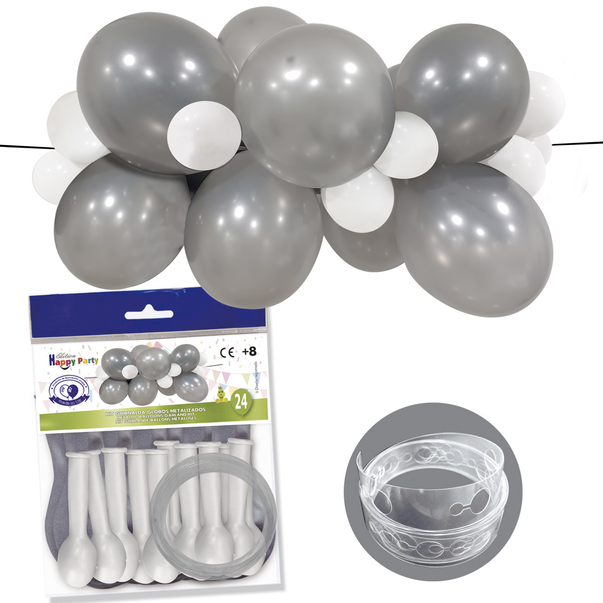 Kit guirnalda de globos metalizados plata y blanco, 24 uds