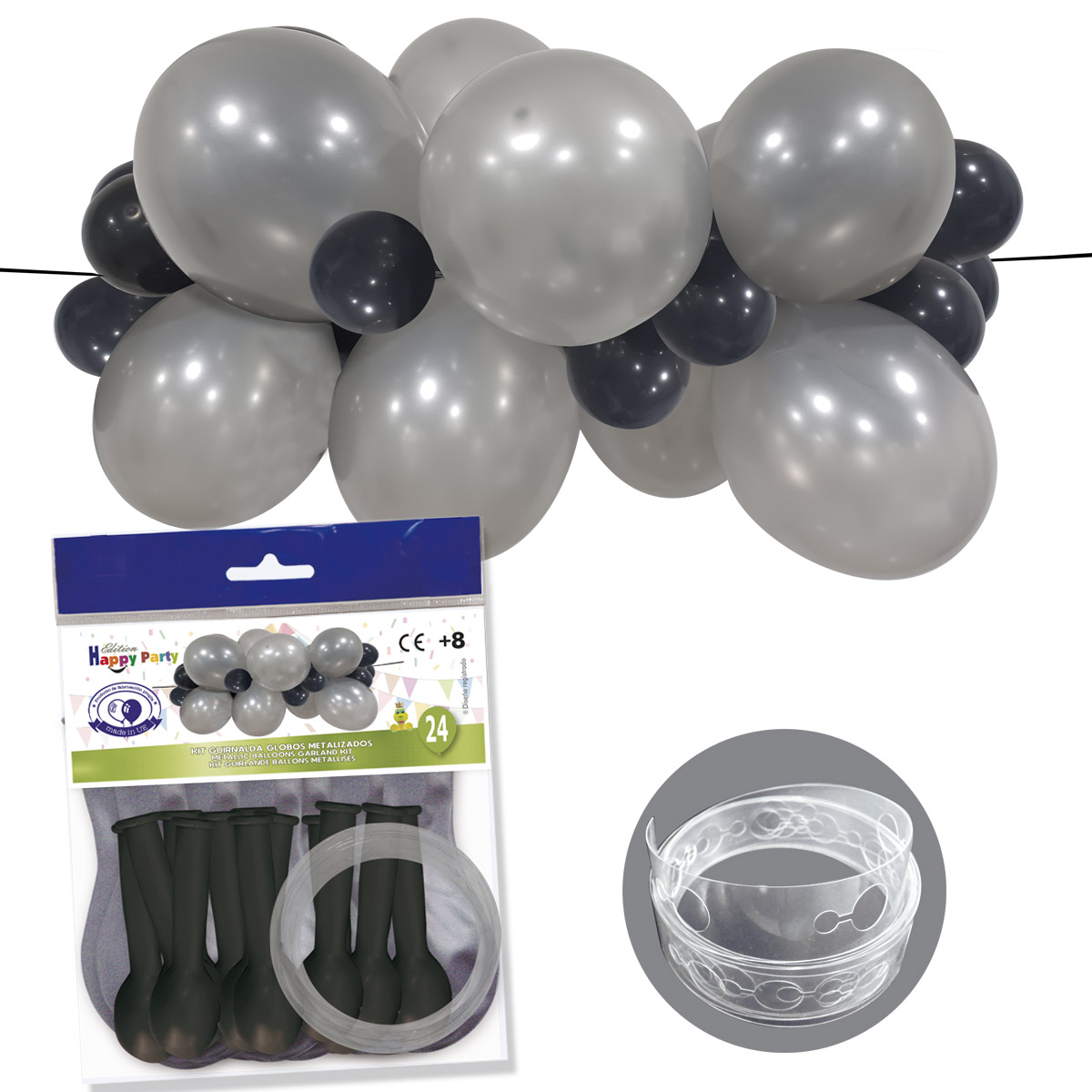 Kit guirnalda 24 globos metalizados plata y negro