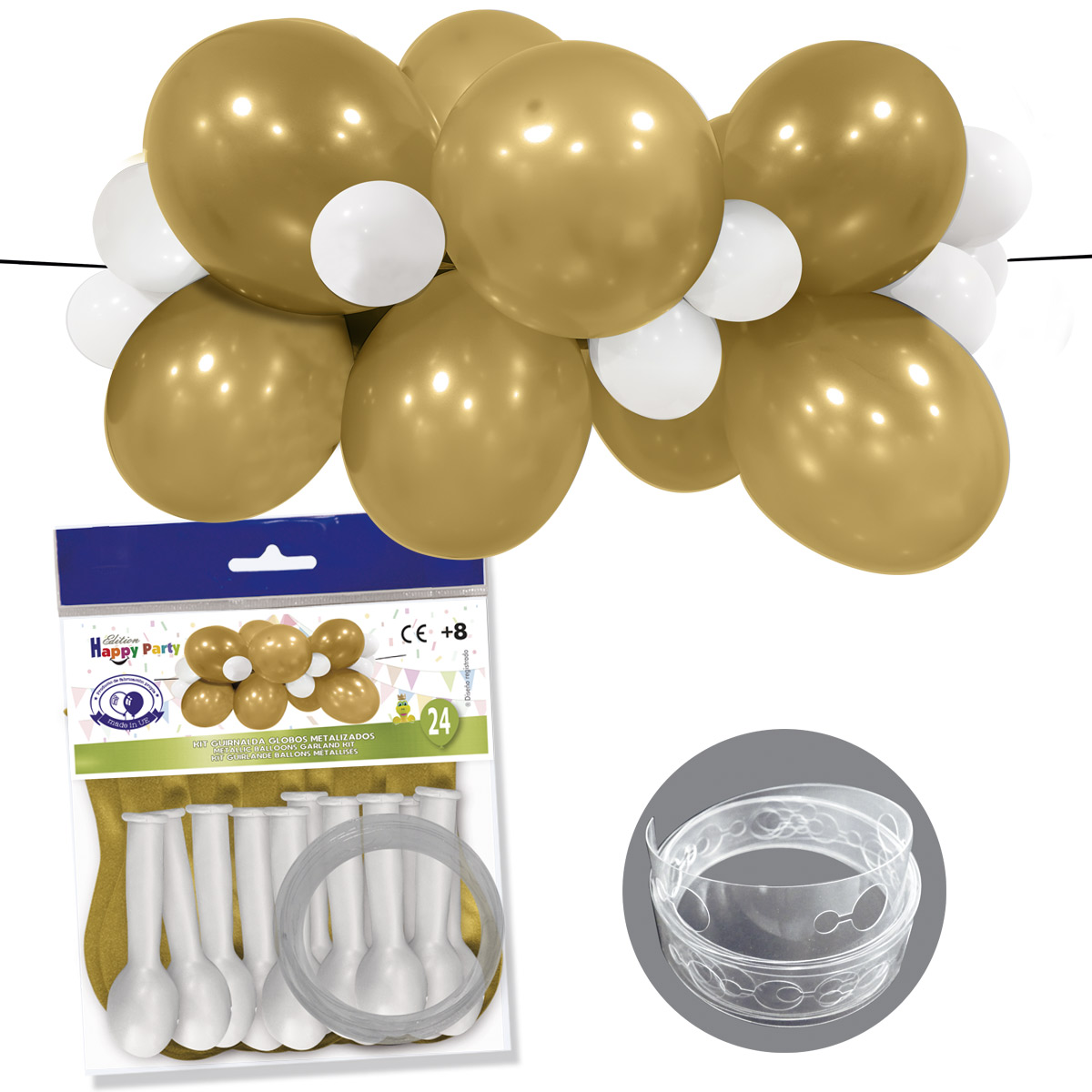 Kit guirnalda de globos metalizados oro y blanco - 24 unidades