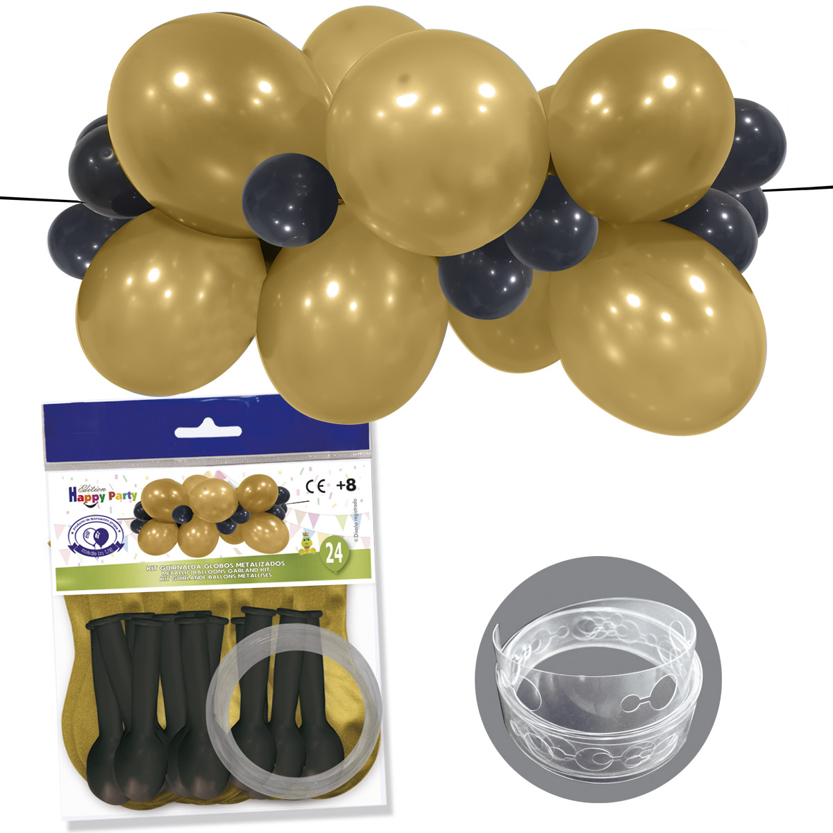 Kit guirnalda de 24 globos metalizados oro y negro