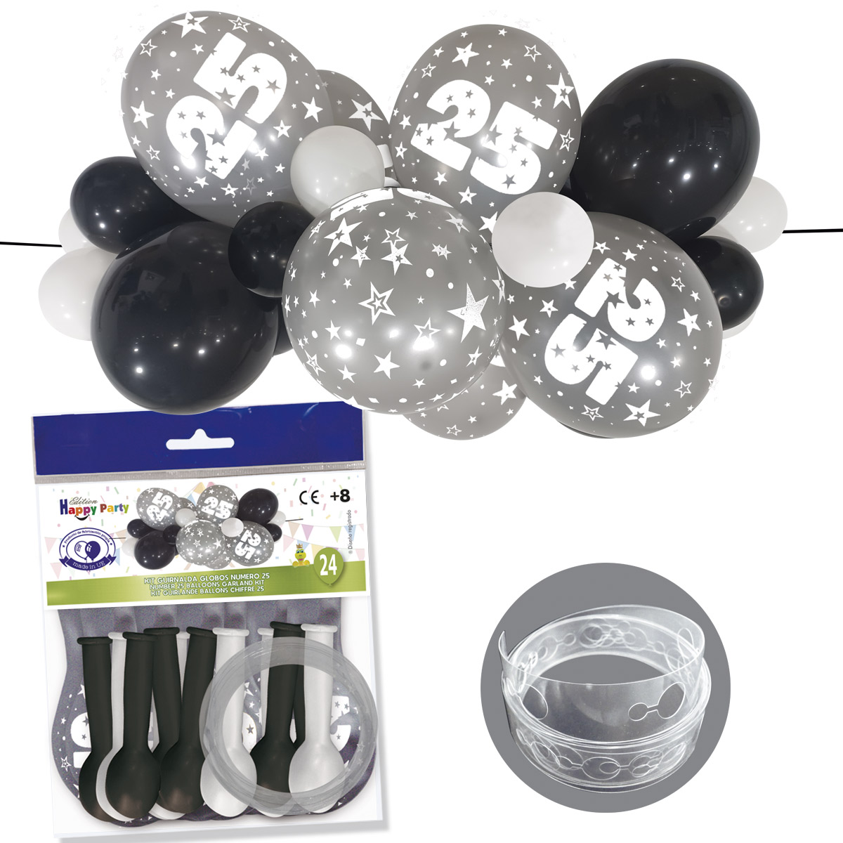 Kit guirnalda de globos número 25 plata, negro y blanco – 24 globos de 12"