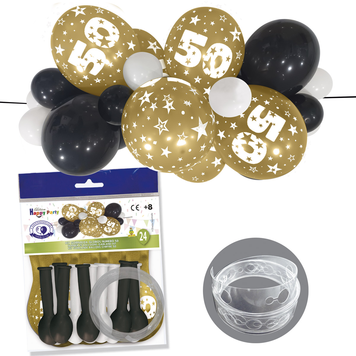Kit guirnalda de globos número 50 dorado, negro y blanco - 24 globos de 30 cm