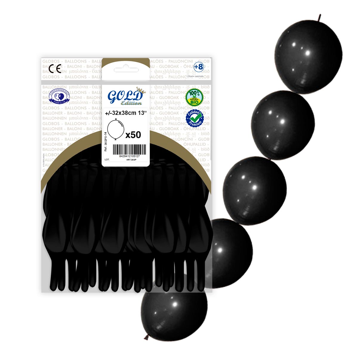 Globos guirnalda 13" Negro Gold Edition - Bolsa 50 uds