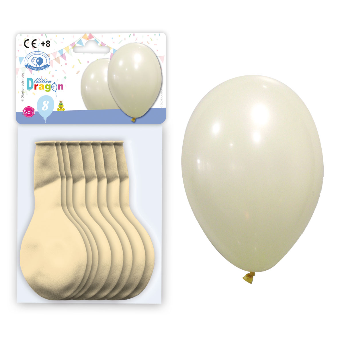 Globos látex pastel marfil 22x31 cm, bolsa de 8 (con solapa)