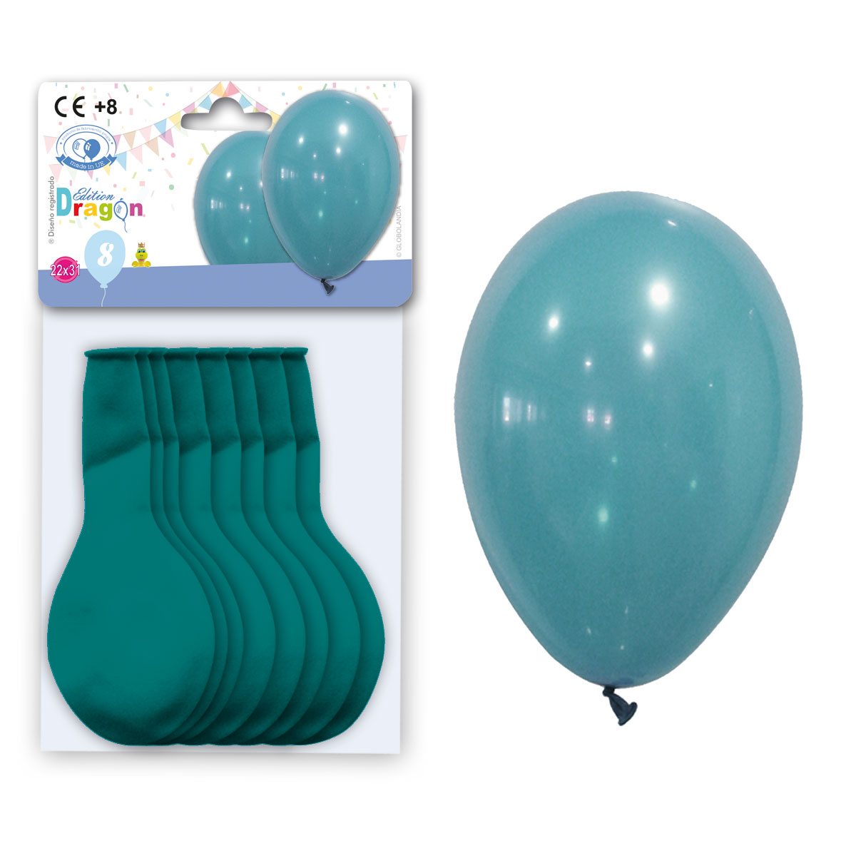 Globos Pastel Turquesa 10" Lisos - Bolsa 8 unidades con solapa