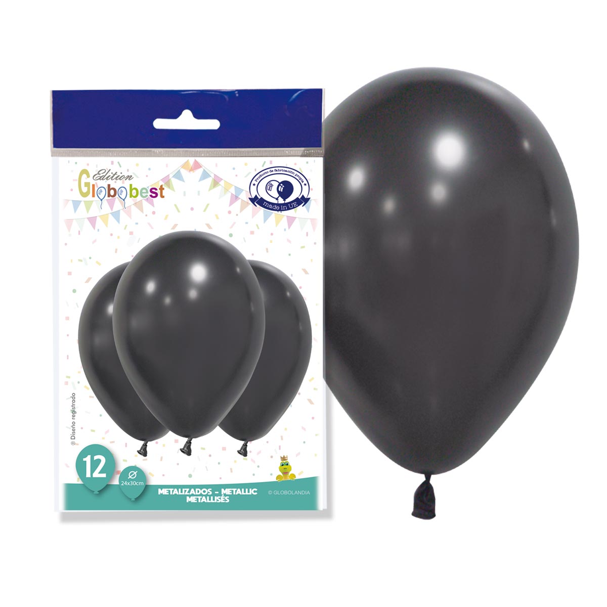 Globos metalizados negros 24x30 cm - Bolsa de 12