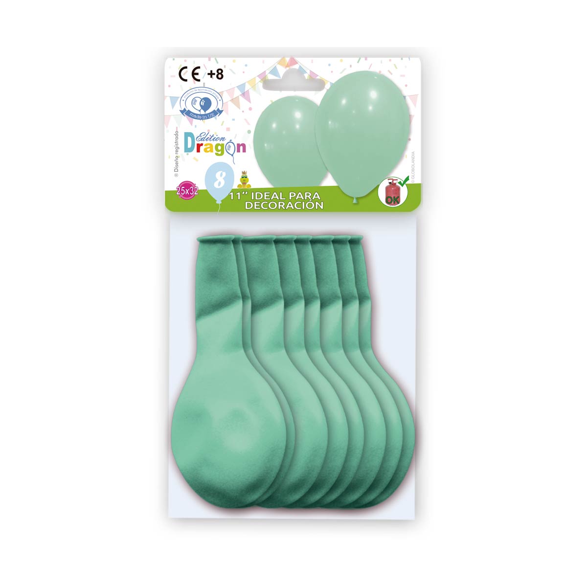Globos de látex 11" verde menta pastel - lámina de 8 unidades