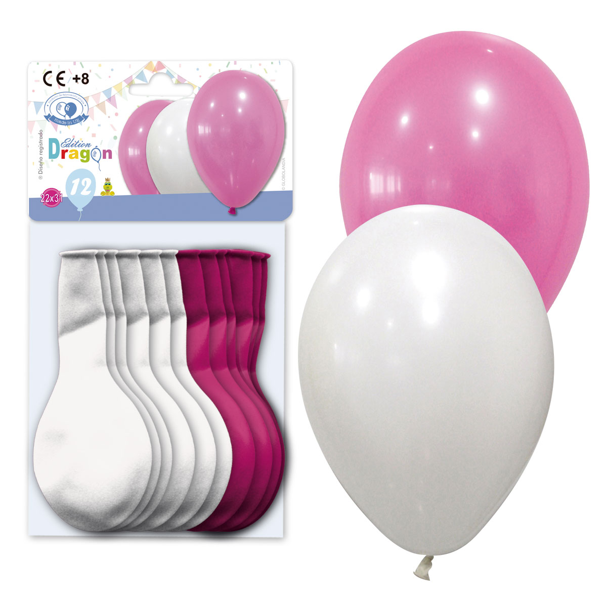 Bolsa 12 globos pastel blanco y fucsia 22x31 cm