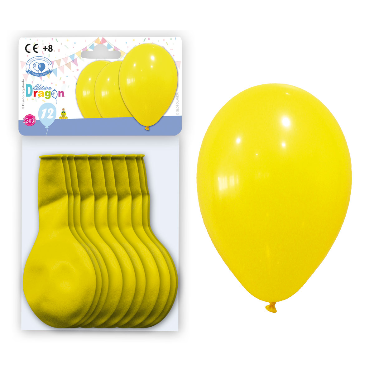 Globos látex 10" amarillo pastel, bolsa 12 uds. con solapa