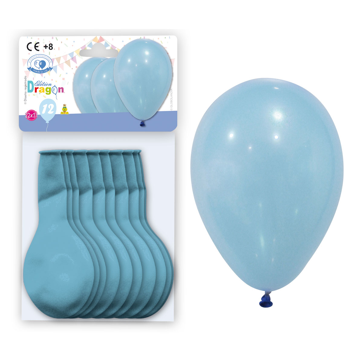 Globo látex pastel celeste 10" liso - Bolsa de 12 con solapa