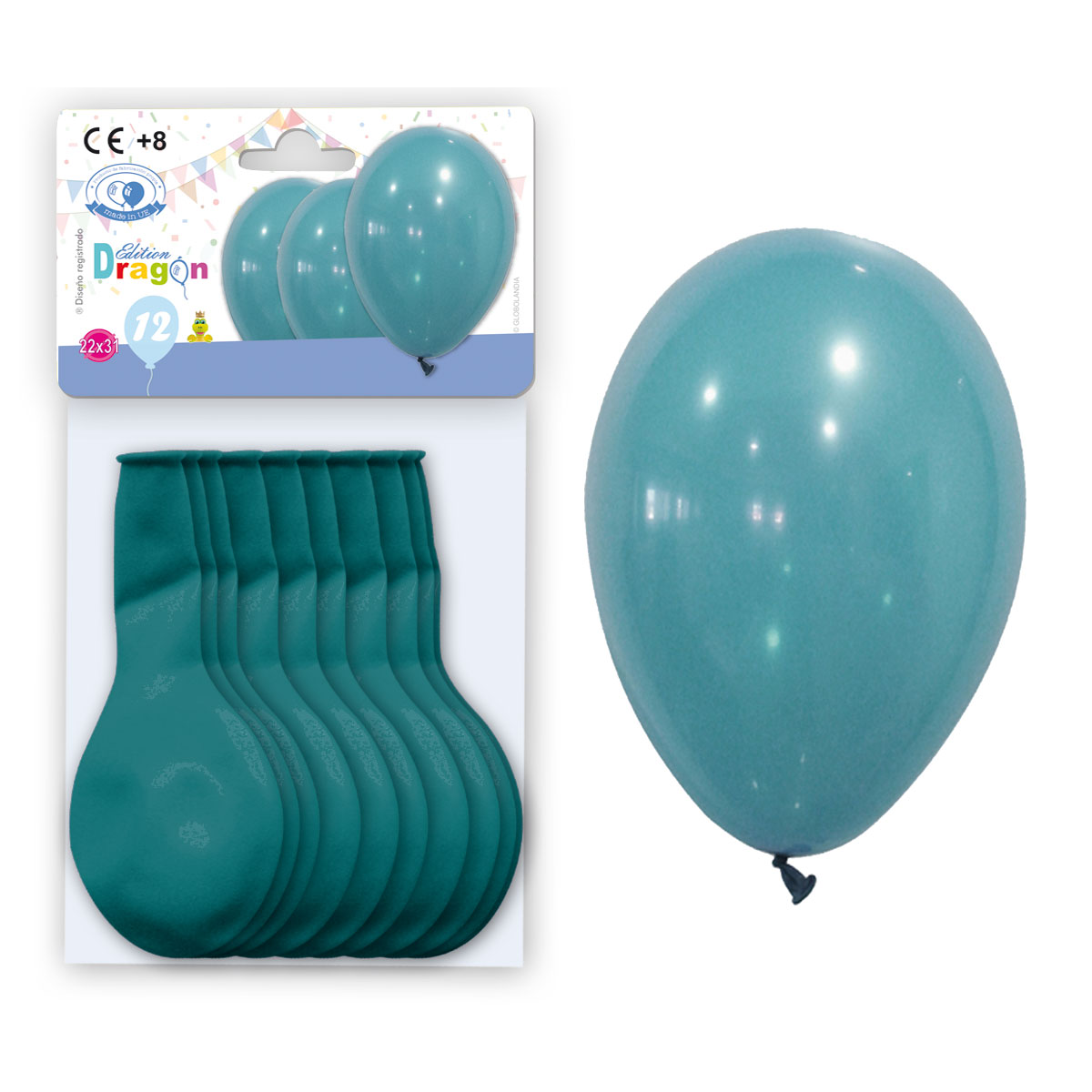 Globos látex pastel turquesa 22x31 cm, bolsa 12 unidades con solapa