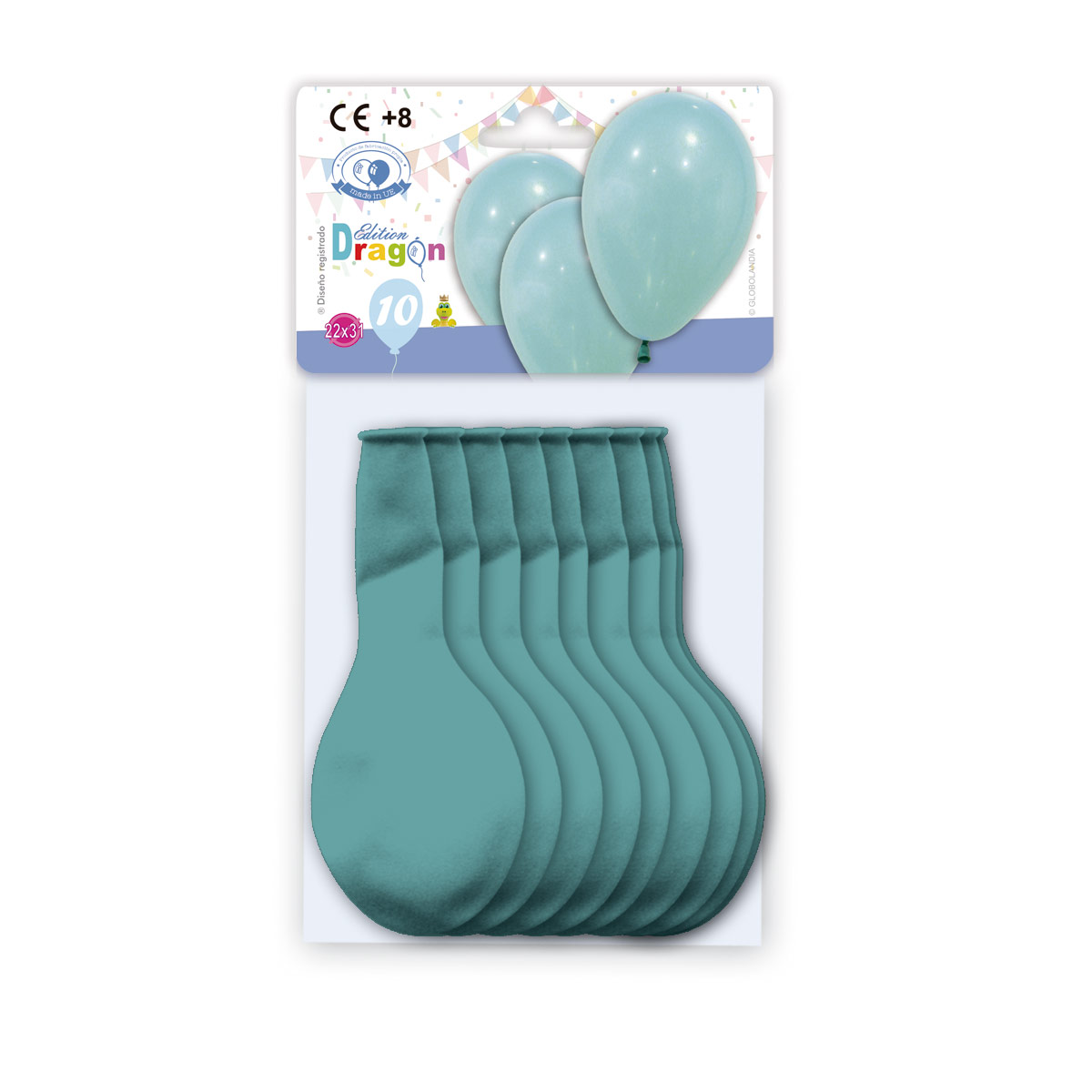 Bolsa 10 globos látex agua marina 22x31 cm Edición Dragón