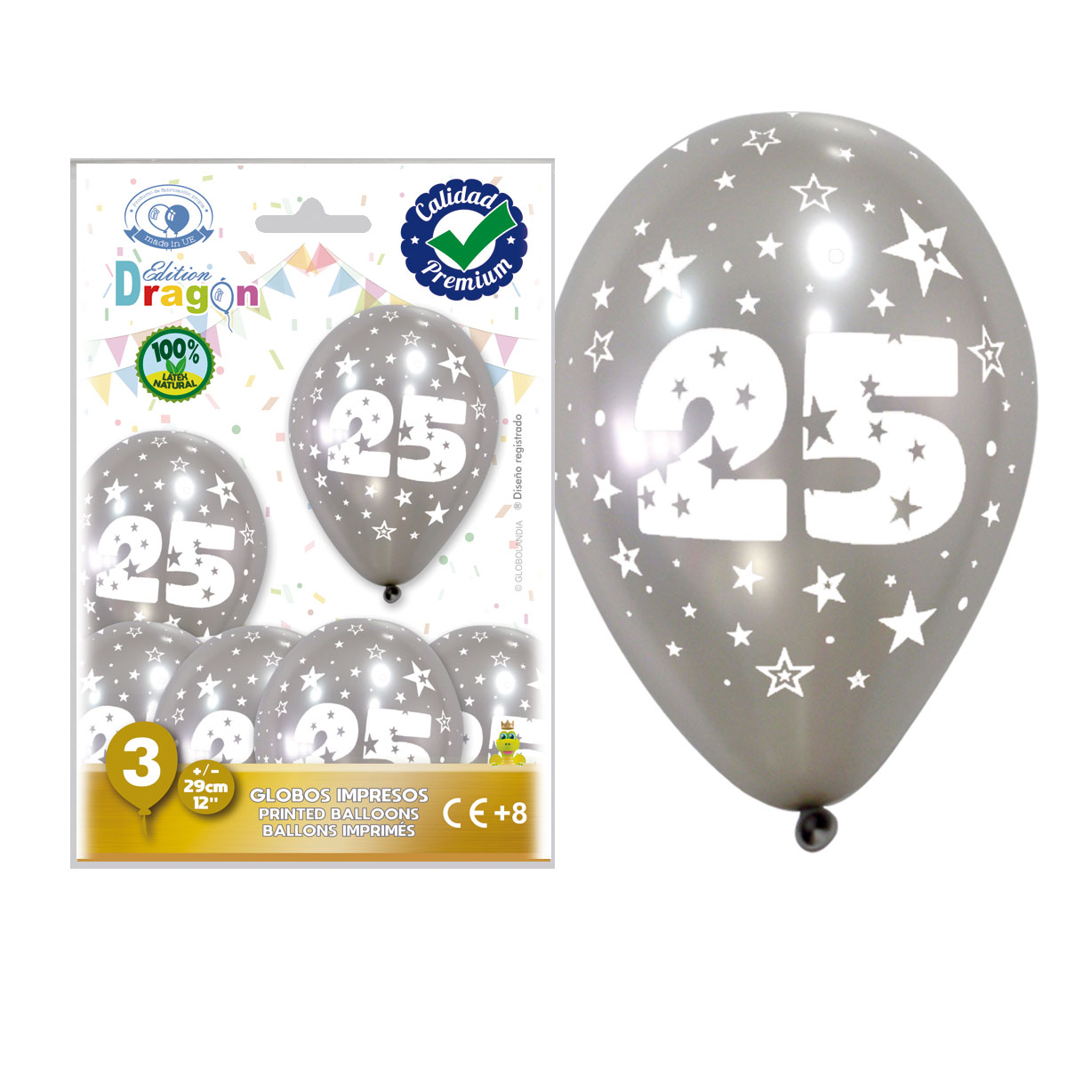 Globos 25 Aniversario plata metalizado 29 cm - Bolsa 3 unidades