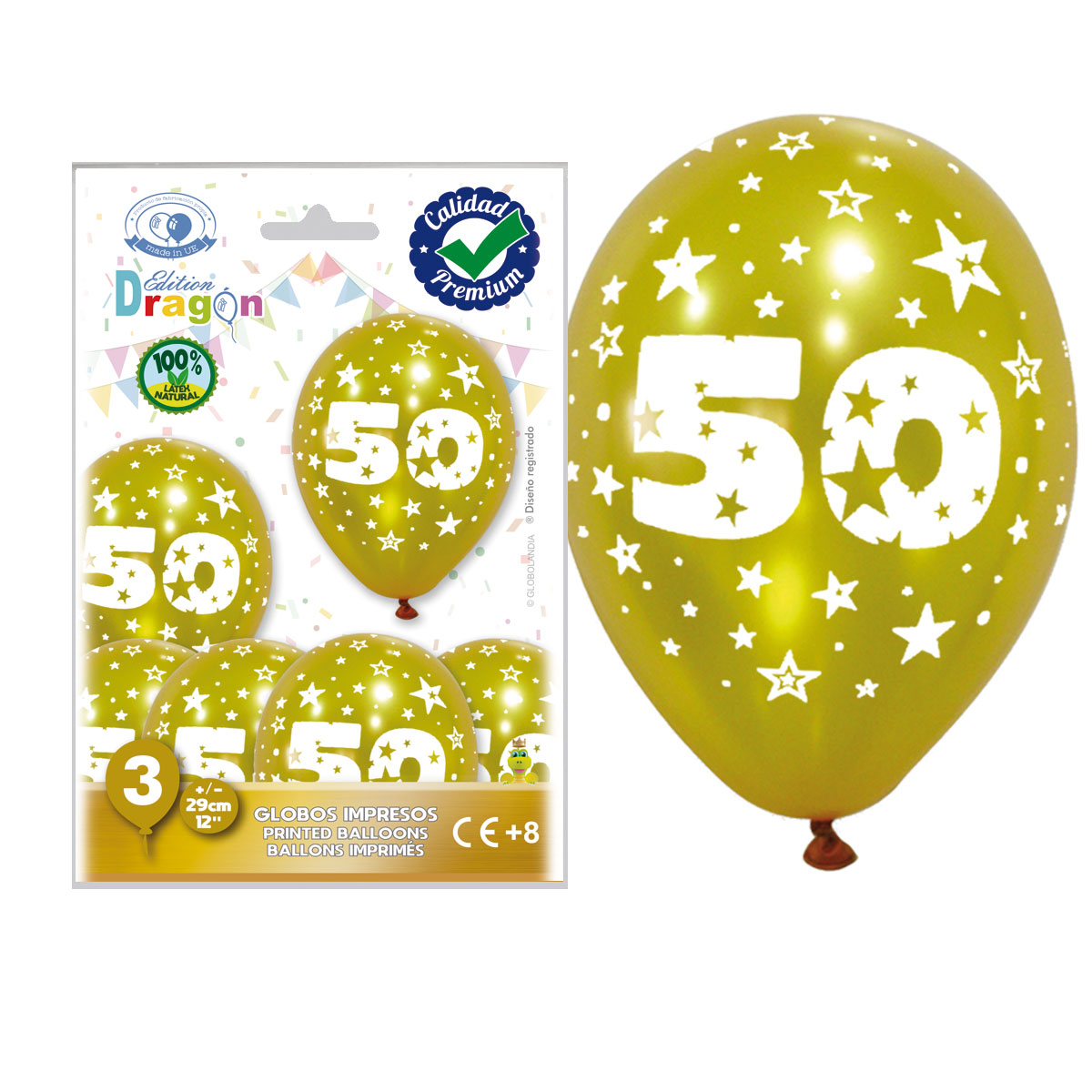 Globos impresos 50 aniversario metalizados oro 29 cm - Bolsa 3 unidades