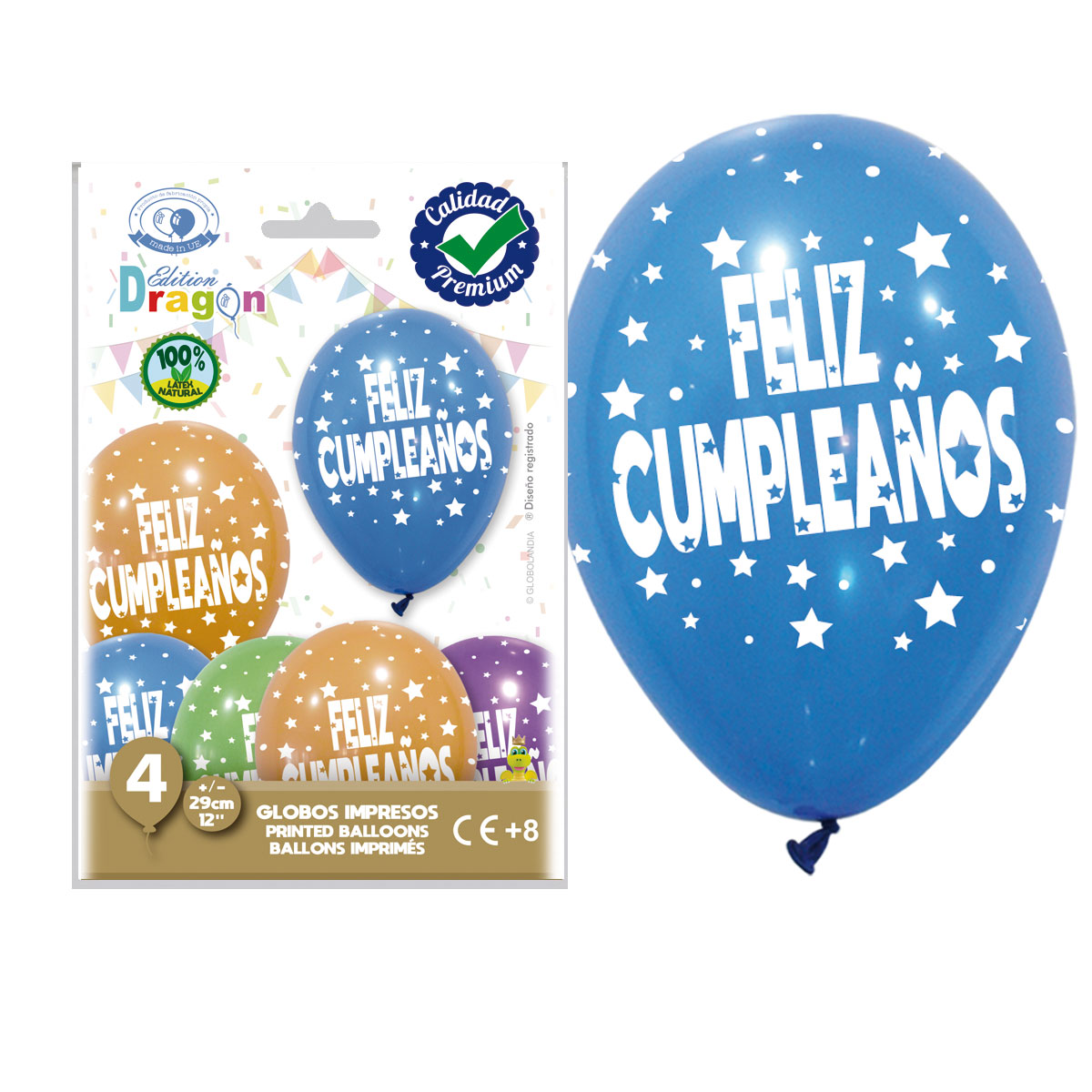 Globos Feliz Cumpleaños con estrellas 29 cm surtidos - Bolsa de 4