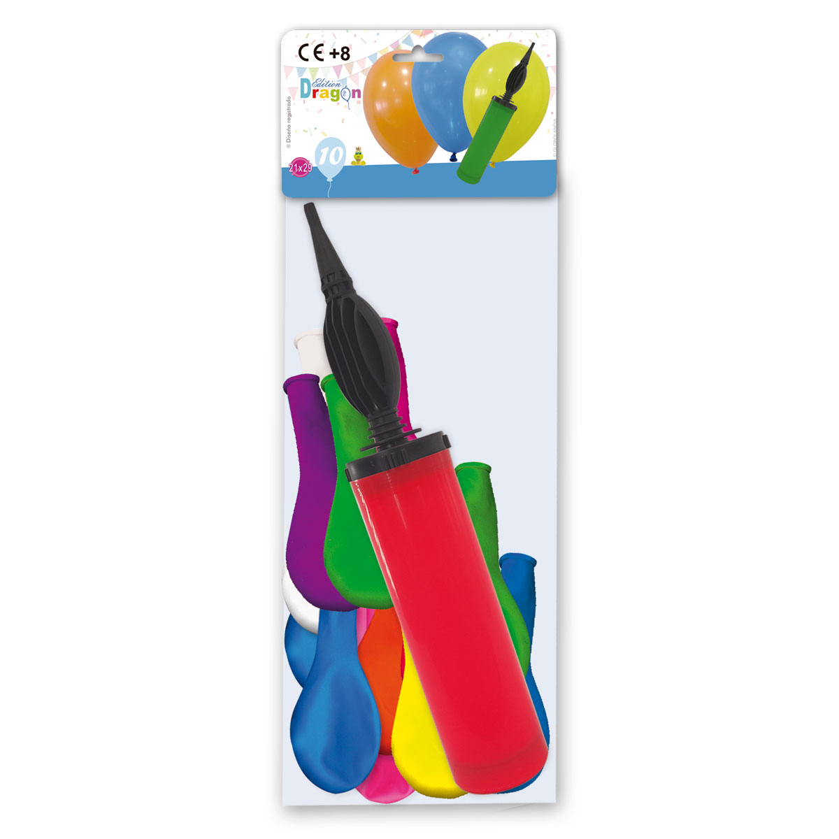 Bolsa 10 globos lisos colores surtidos con inflador manual