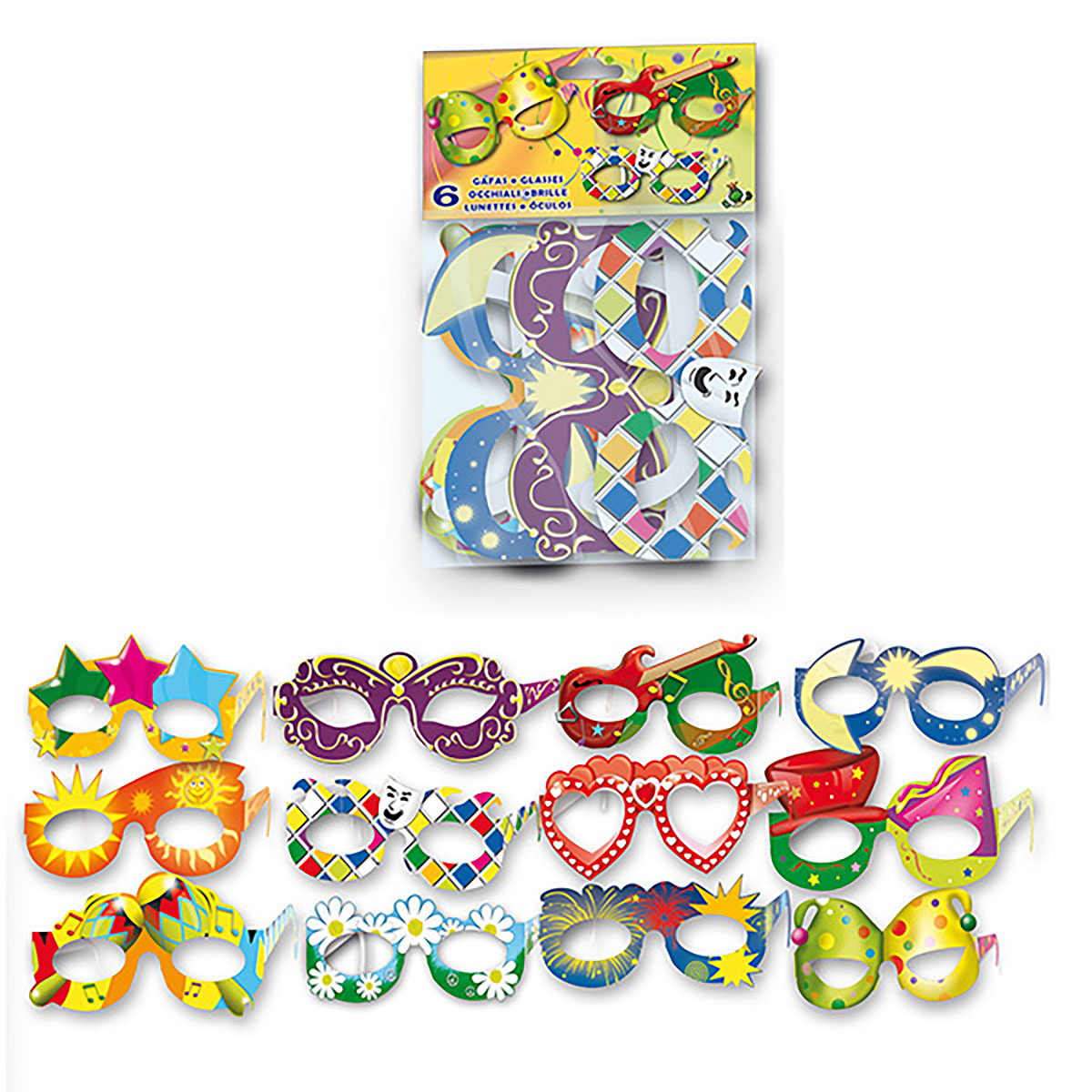 Gafas de cartoncillo surtidas, bolsa de 6