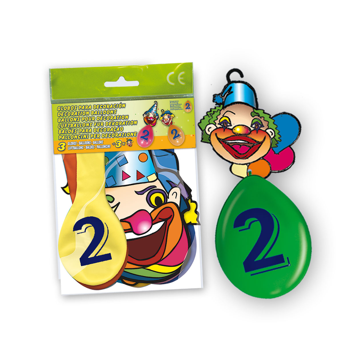 Bolsa de 3 globos impresos nº 2 con cartel-gancho de payaso