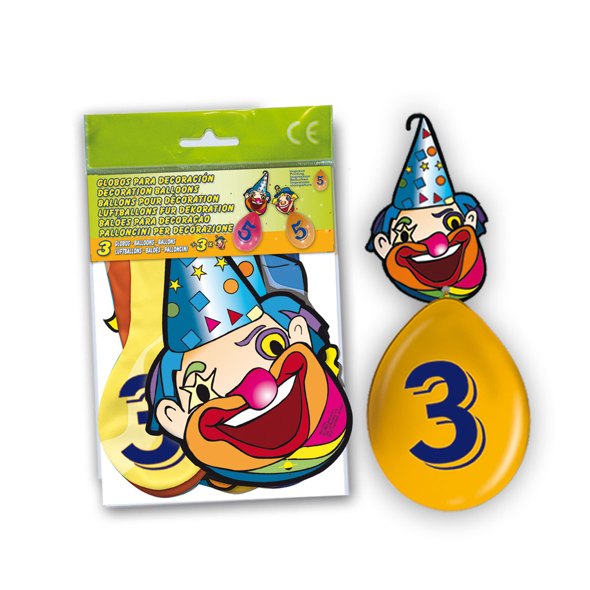 Bolsa 3 globos impresos número 3 con cartel-gancho de payaso