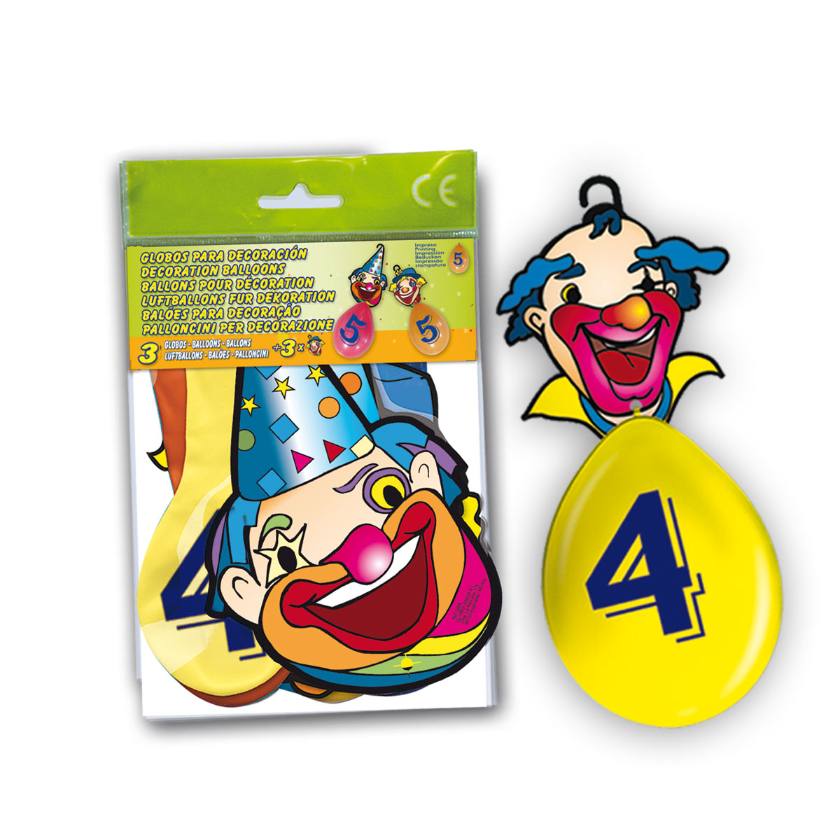 Bolsa 3 globos impresos número 4 con cartel gancho payaso
