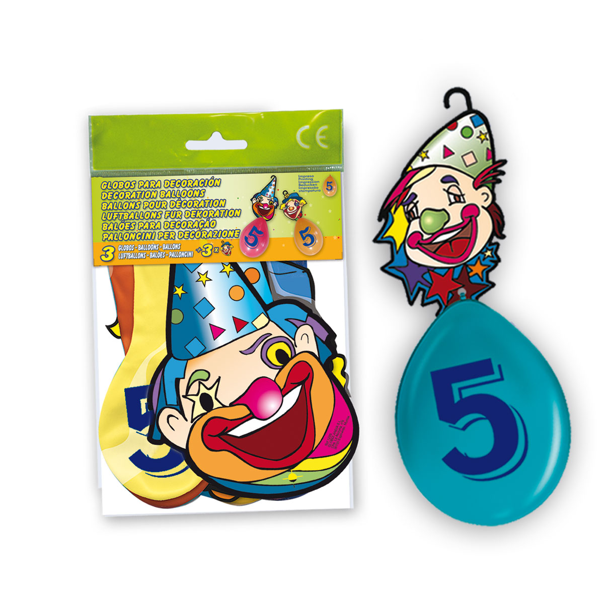 Globos número 5 con cartel-gancho de payaso, bolsa de 3