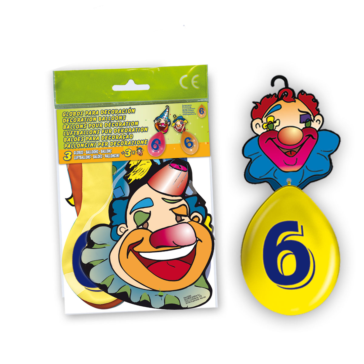 Bolsa de 3 globos impresos número 6 con cartel-gancho de payaso