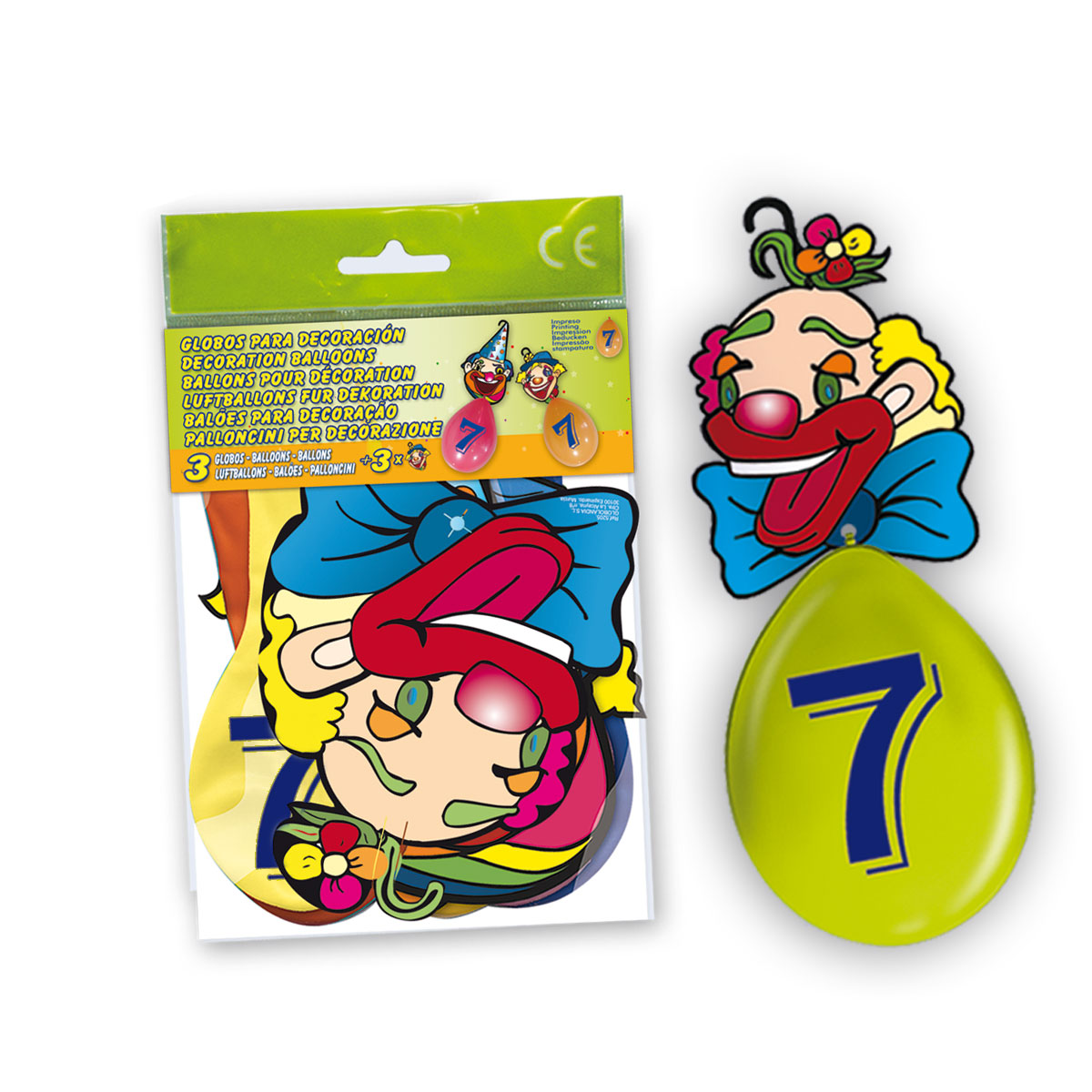 Globos impresos número 7 con cartel-gancho de payaso, bolsa de 3