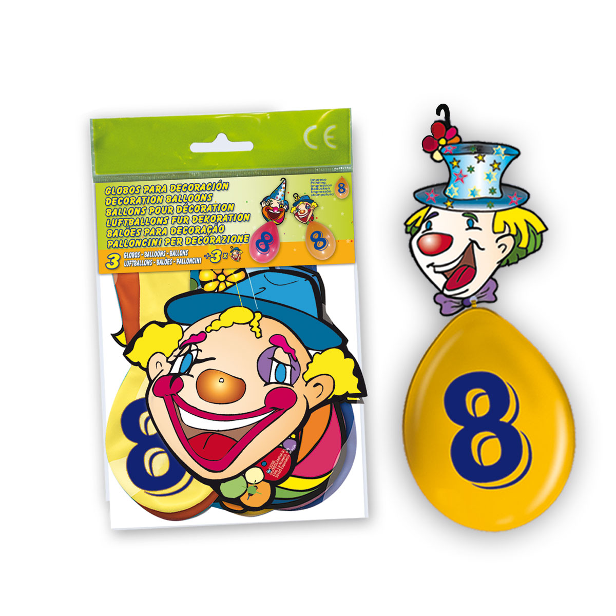 Globos impresos número 8 con cartel gancho de payaso, bolsa de 3