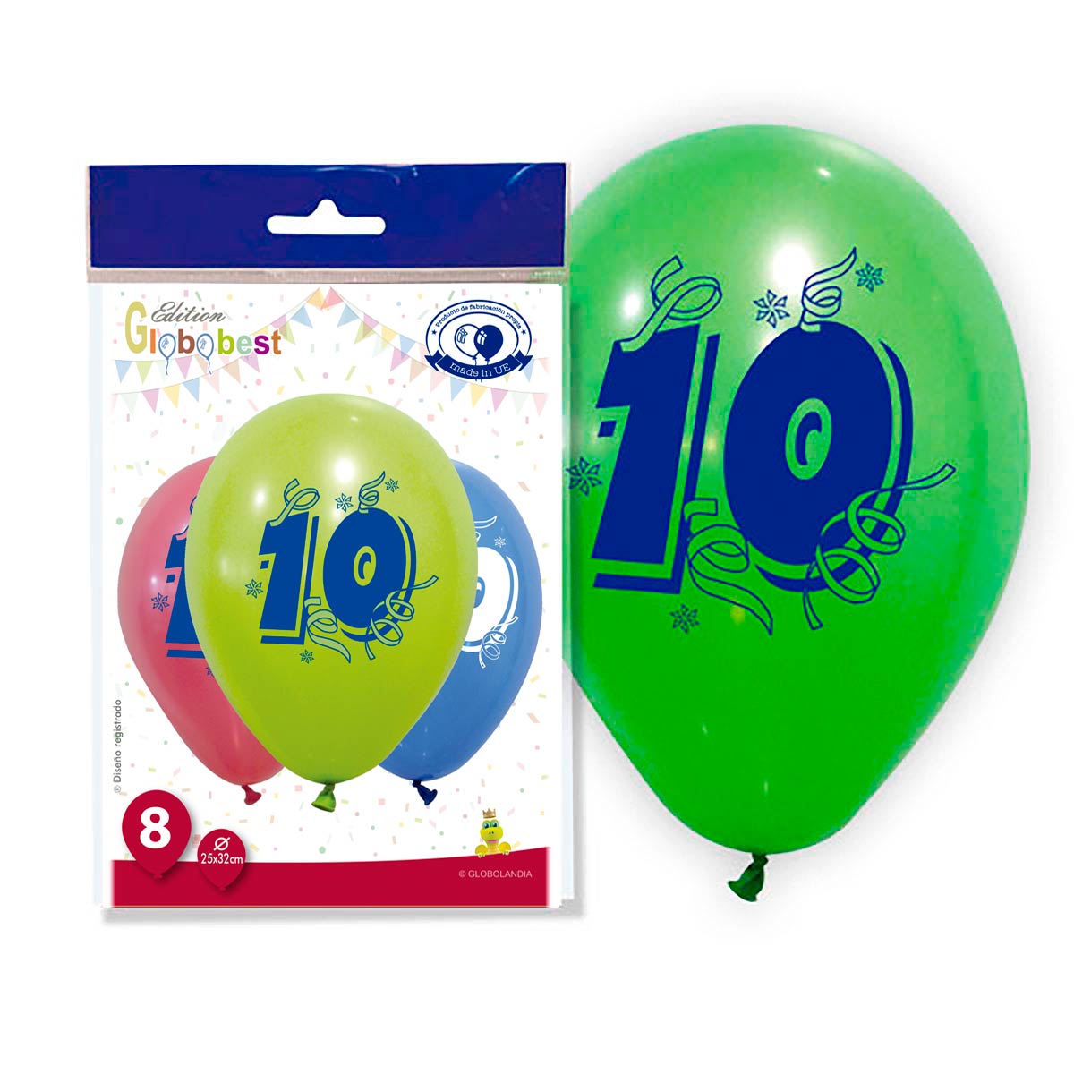 Globos impresos Número 10, colores pastel surtidos, 11" (bolsa de 8)