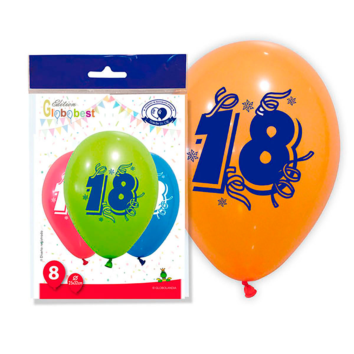 Globos impresos número 18 11" colores surtidos – bolsa de 8