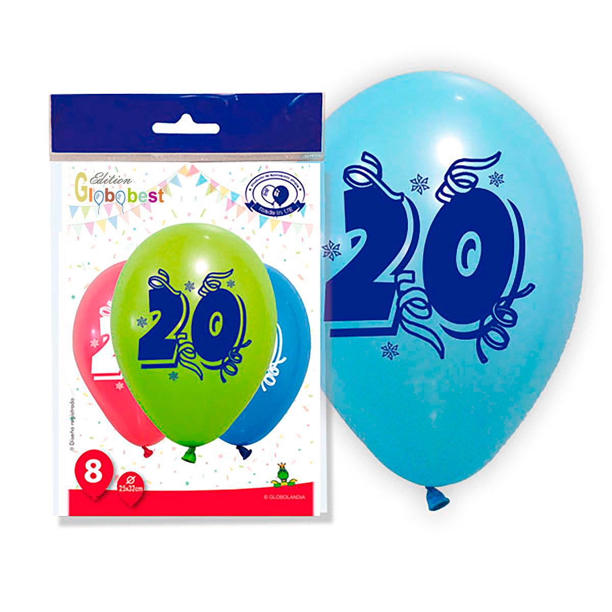 Globos número 20 impresos, colores surtidos 25x32 cm - Bolsa 8 unidades