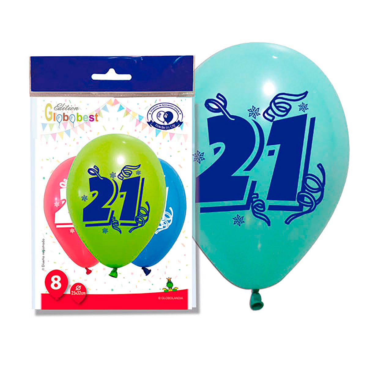 Globos Número 21 impresos 11" surtido - Bolsa 8 uds.