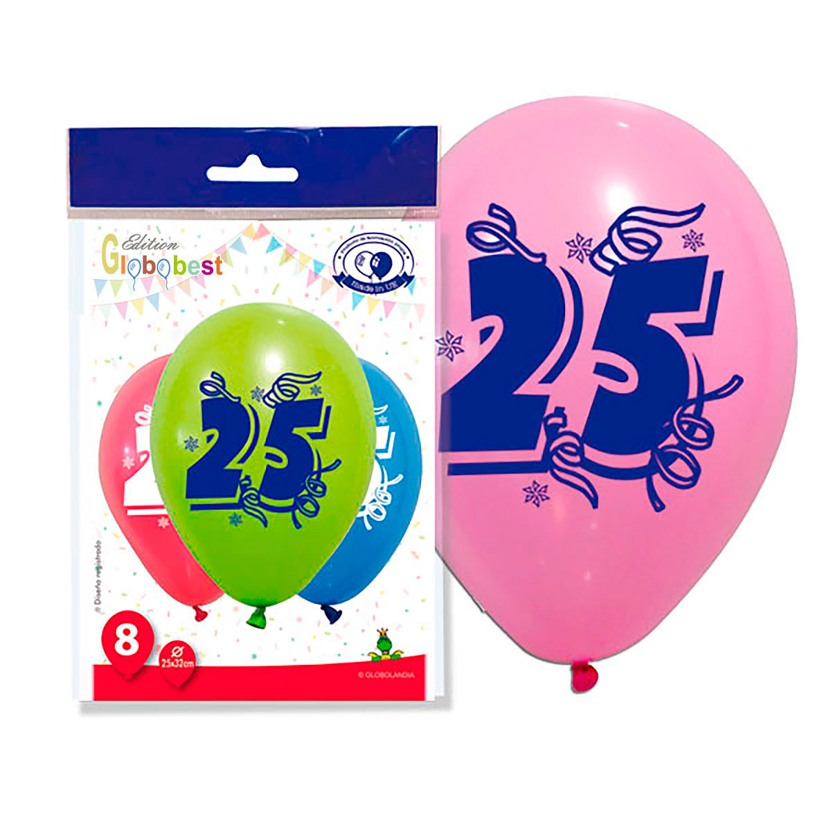 Globos impresos número 25 surtidos - Bolsa 8 unidades 11"