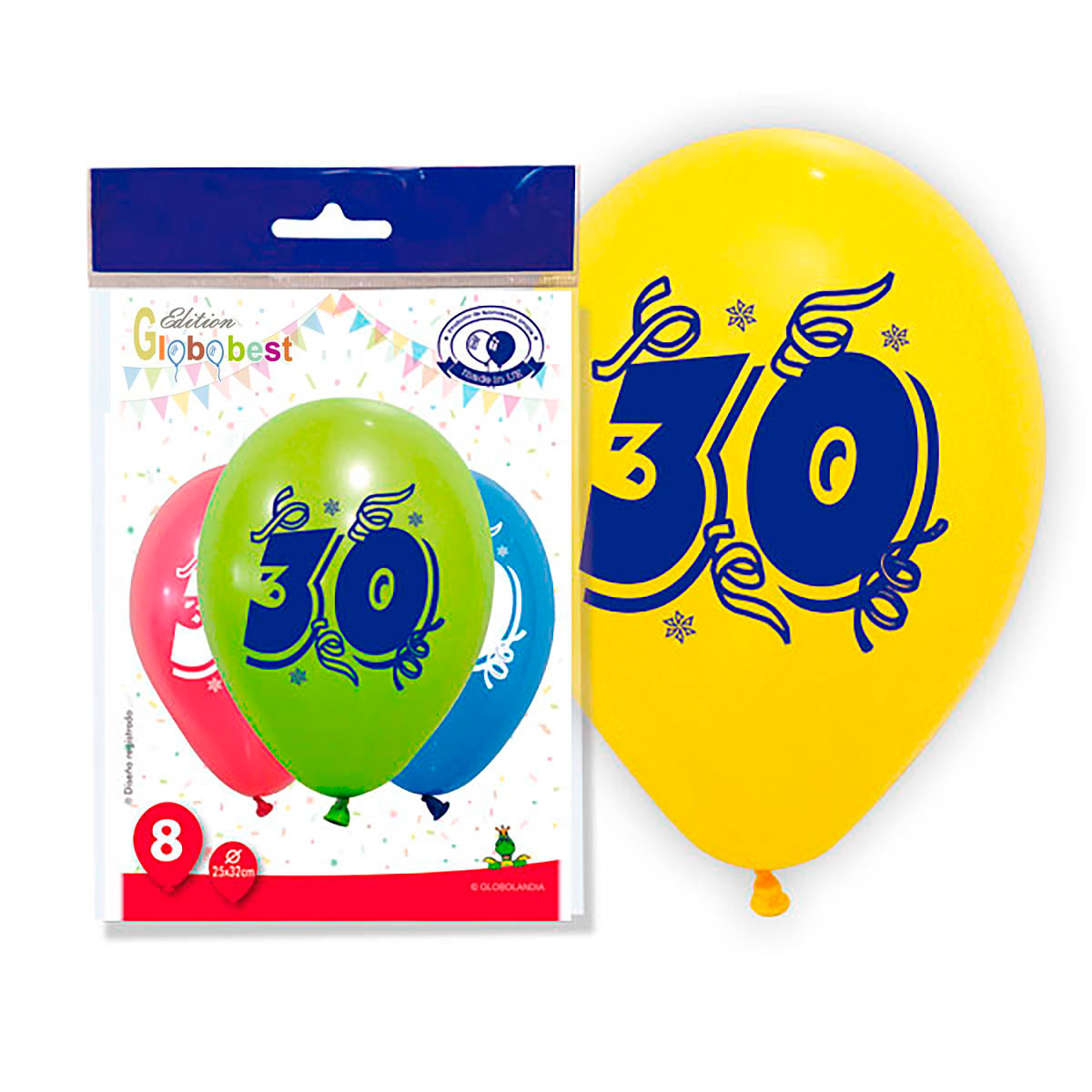 Globos impresos número 30, 11" colores surtidos – bolsa de 8