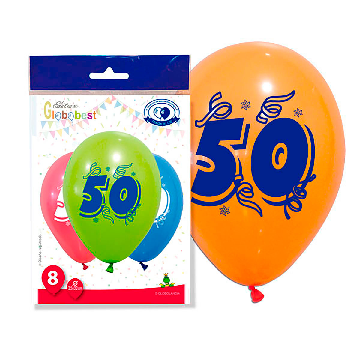 Globos impresos número 50, 11" mix – bolsa de 8