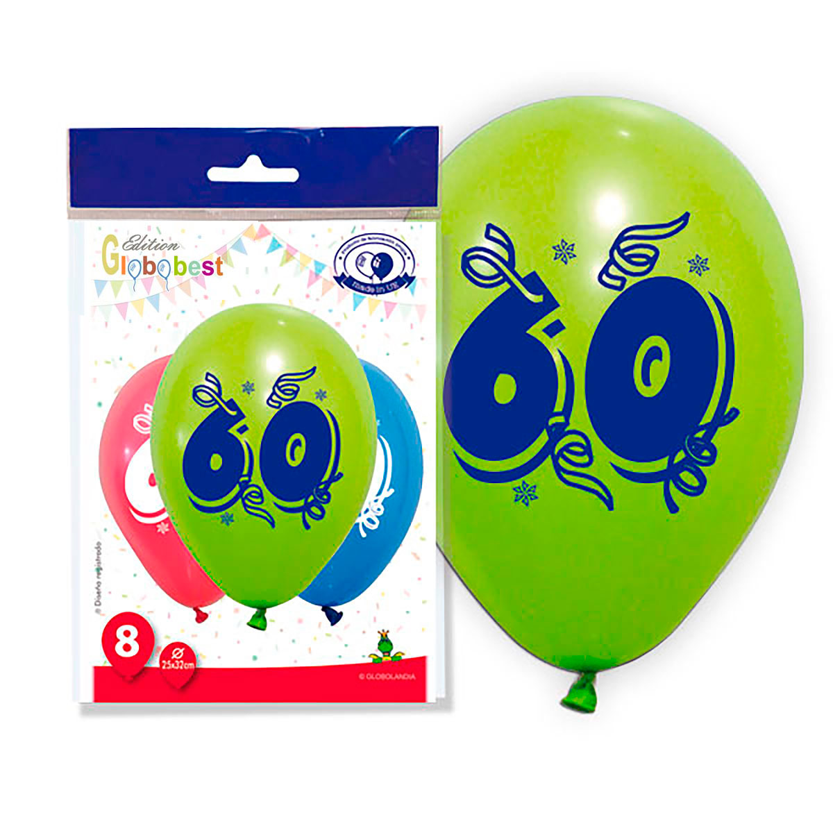 Globos látex número 60 impresos 25x32 cm, bolsa de 8